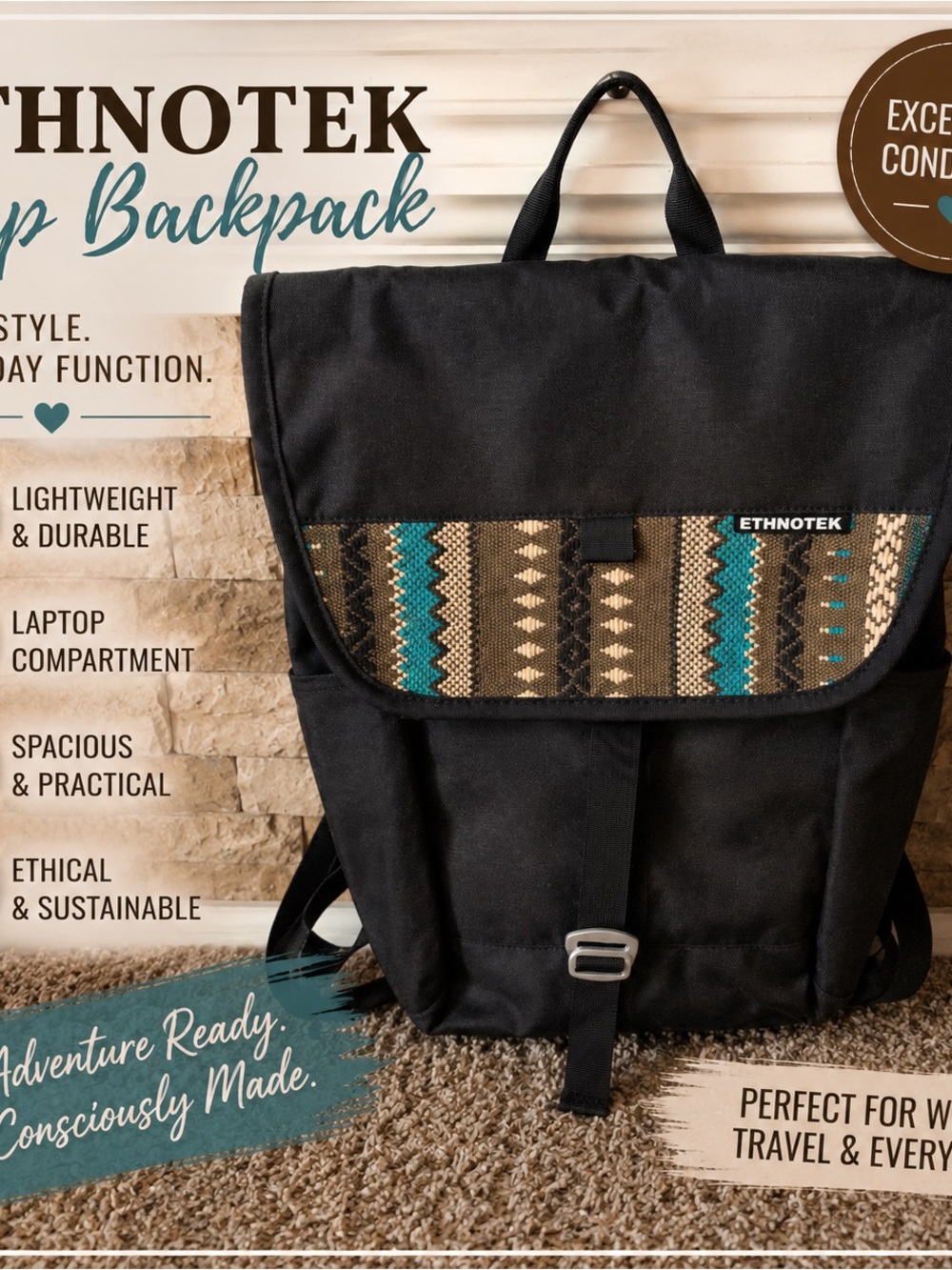 Ethnotek Black Canvas Backpack with Aztec Accent